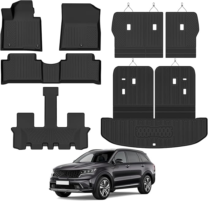 Custom Fit Floor Mats for Kia Sorento 7 Seats/Bench Seats Gas (Not for Hybrid) 2021-2026, All Weather TPE Floor Liners & Trunk Mat & Backrest Protectors, Odorless Full Set Interior Accessories