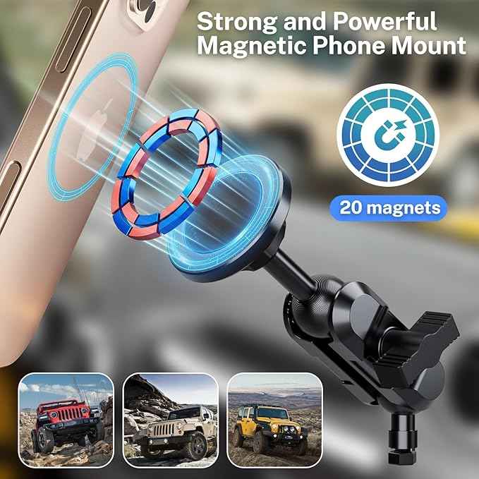 Stainless Steel Phone Mount for 2011-2017 Wrangler JK JKU Magnetic&Clamp Dual Heads All-Metal Shakeproof Original America Flag Design OEM Screws Dash Mount Install