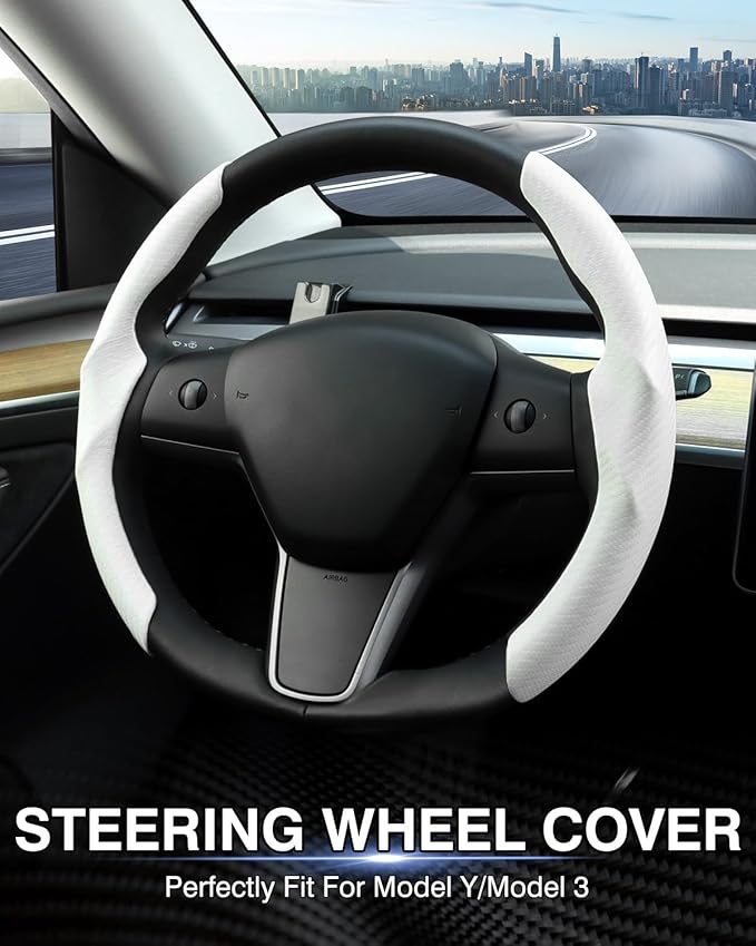 Steering Wheel Cover for Telsa Model 3/Y 2016-2025 2026 Highland/Juniper Accessories Carbon Fiber Steering Wheel Cover Protector Non-Slip, Comfortable, Breathable, Model 3/Y Accessories, White