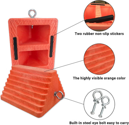2 Packs Wheel Chocks Heavy Duty Orange with Eyebolt, Vehicle Chock for Travel Trailers, Camper, Truck, Car and ATV, 9.1" Length x 7.1" Width x 5.5" Height