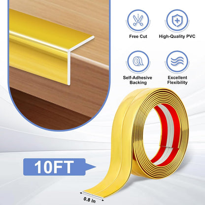 Wall Corner Protector Moulding Trim Peel and Stick Wall Corner Guards Trim Flexible Self Adhesive Edge Protector Moulding, 0.8 in x 10 Ft, Gold