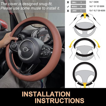 PINCTROT Nappa Leather Steering Wheel Cover, Slim Fit No Bulk Design, One Piece Leather with Breathable Perforation, Fit Like Gloves, Universal 14.5-15 Inch(Nappa Brown)