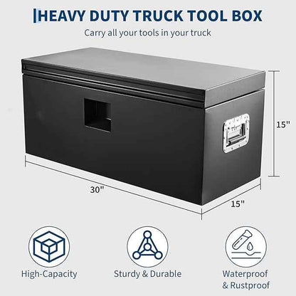 PeakPursuit Heavy Duty Steel Truck Bed Toolbox – Waterproof Storage Chest, Dual Hydraulic Levers & Lock, Fits Pickup, RV, Trailer, Garage, Workshop – Black, 30 x 15 in