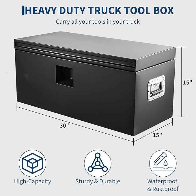 Industrial Steel Truck Tool Box w/Gas-Shock Lid, Pry-Resistant Security & Weatherproofing Toolbox Organizer Chest Fits Pickup, Truck Bed, RV, Trailer