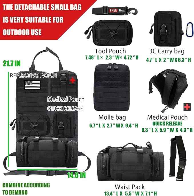 7 PACK Tactical Seat back organizer Truck organizer With 6 Detachable Pouches Universal For Car Truck Ford Jeep Military-Grade Heavier Panels With Multi-functional Packs (Premium black)
