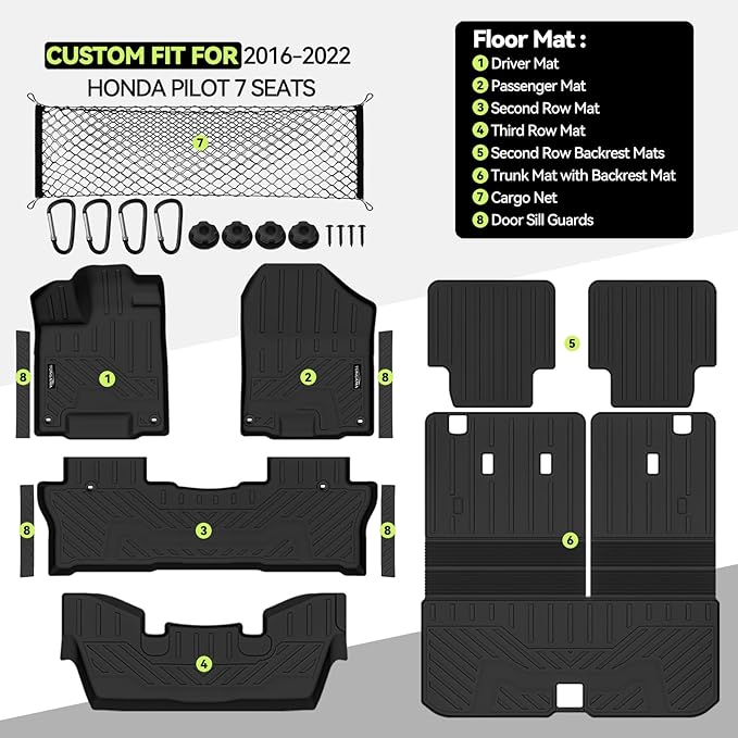 Tongama-Floor Mats for 2016-2022 Honda Pilot 7 Seats/Captain Seat(No Elite Models), All Weather TPE Trunk Mat with Backrest Mat & 2nd Row Backrest Mats & Cargo Net & Door Sill Guards Accessories