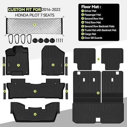 Tongama-Floor Mats for 2016-2022 Honda Pilot 7 Seats/Captain Seat(No Elite Models), All Weather TPE Trunk Mat with Backrest Mat & 2nd Row Backrest Mats & Cargo Net & Door Sill Guards Accessories