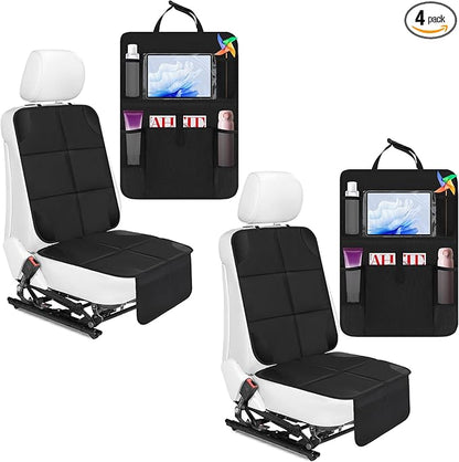 Aurelema 4 Pack Non-slip Car Seat Protector and Backseat Organizer Kick Mat with Tablet Holder, Large Waterproof Car Seat Protector with Storage Pockets for Leather and Fabric