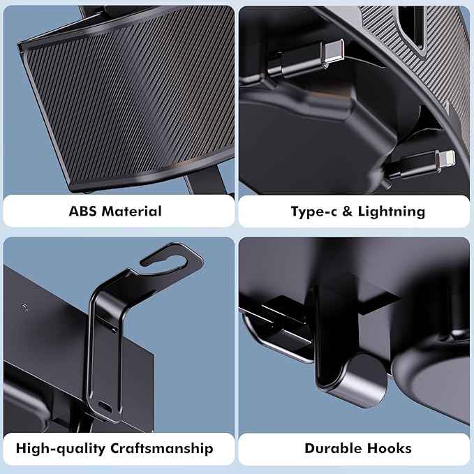 Car Headrest Cup Holder for Back Seat Organizer for Type-c/Lightning Retractable Charging Cables Multi- Hanging Snack Storage Box with Strong Hooks for Kids and Fast Charging for Travel Accessories