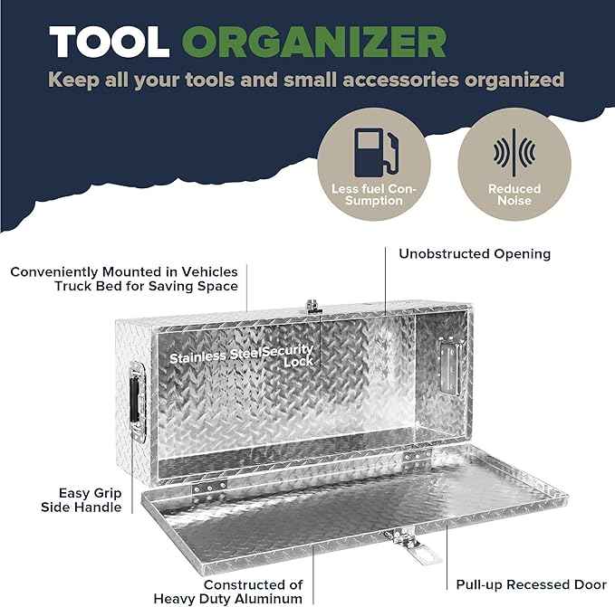 ARKSEN 30 x 13 x 10 Inch Diamond Plate Truck Bed Tool Box, Heavy Duty Waterproof Aluminum Toolboxes Storage Chest with Side Handle & Lock for Pickup Truck Bed, RV & Trailer – Silver