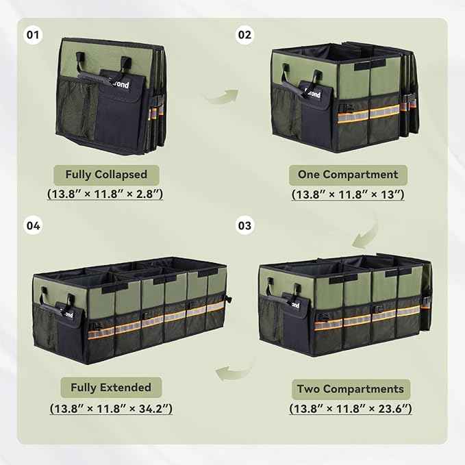 Car Trunk Organizer with Lid,Collapsible Car Storage Organizer with Multi Compartments and Securing Straps for SUV,Sedan,Jeep-Green