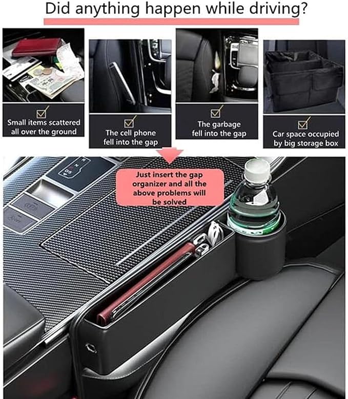Car Seat Gap Storage Bag for Tesla Model Y 2023-2024, 2 Pack Universal Leather Front Filler Organizer Box with Cup Holder, Premium for Keys Phone Glasses Cards, D/Coffee