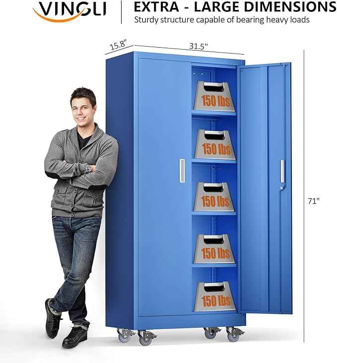VINGLI Rolling Metal Storage Cabinet with Adjustable Shelves, 71'' Tall Garage Storage Cabinet with Wheels, Locking Tool Cabinets for Home Office Garage Gym School (Blue)