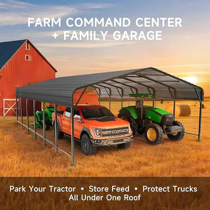 20x30 FT Metal Carport, Enhanced Base and Steel Roof for All-Weather Use, Heavy-Duty Outdoor Garage Galvanized Car Shelter for Bass Boats, Full-Sized Pickup Trucks, and Tractors