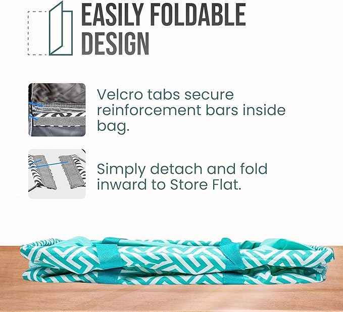 Extra Large Utility Tote Bag - Oversized Collapsible Reusable Wire Frame Rectangular Canvas Basket With Two Exterior Pockets For Beach, Pool, Laundry, Car Trunk, Storage - Geometric Teal