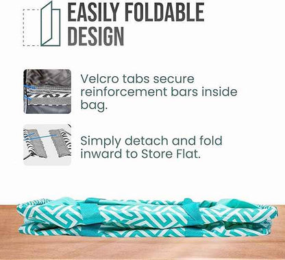 Extra Large Utility Tote Bag - Oversized Collapsible Reusable Wire Frame Rectangular Canvas Basket With Two Exterior Pockets For Beach, Pool, Laundry, Car Trunk, Storage - Geometric Teal