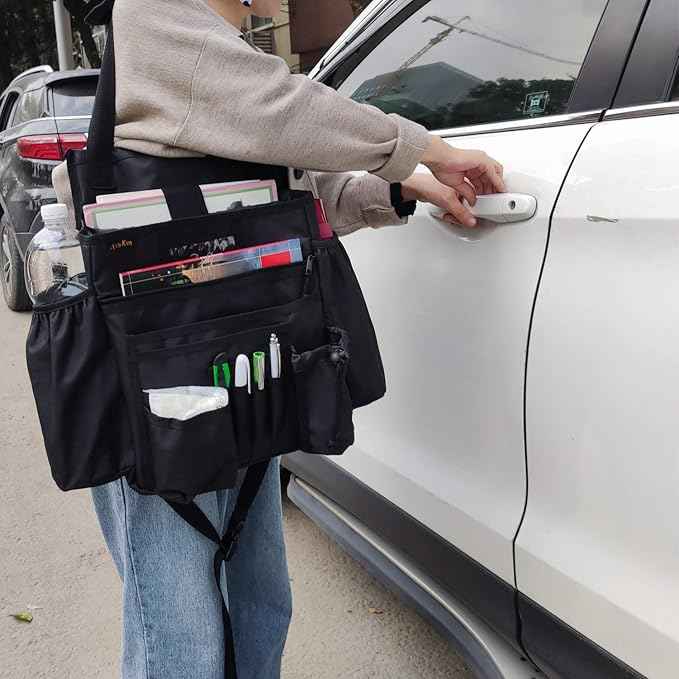 Car Front & Back Seat Organizer with Dedicated Tablet/Laptop Compartment, Passenger Seat File Storage with Cup Holder, Adjustable Backrest, and Padded Shoulder Strap