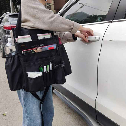Car Front & Back Seat Organizer with Dedicated Tablet/Laptop Compartment, Passenger Seat File Storage with Cup Holder, Adjustable Backrest, and Padded Shoulder Strap