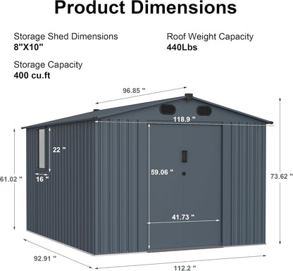 LANTRO JS 10x8FT Metal Outdoor Storage Shed, Garden Tool Shed Without Floor, Garage Shed with Window and Lockable Doors, for Garden Bike Lawnmower