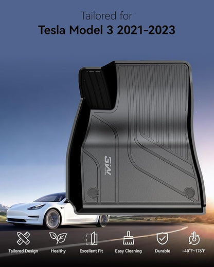 3W Floor Mats Fit for 2021-2023 Tesla Model 3, TPE All Weather Custom Fit Floor Liner 1st and 2nd Row Full Set Car Liners, Black