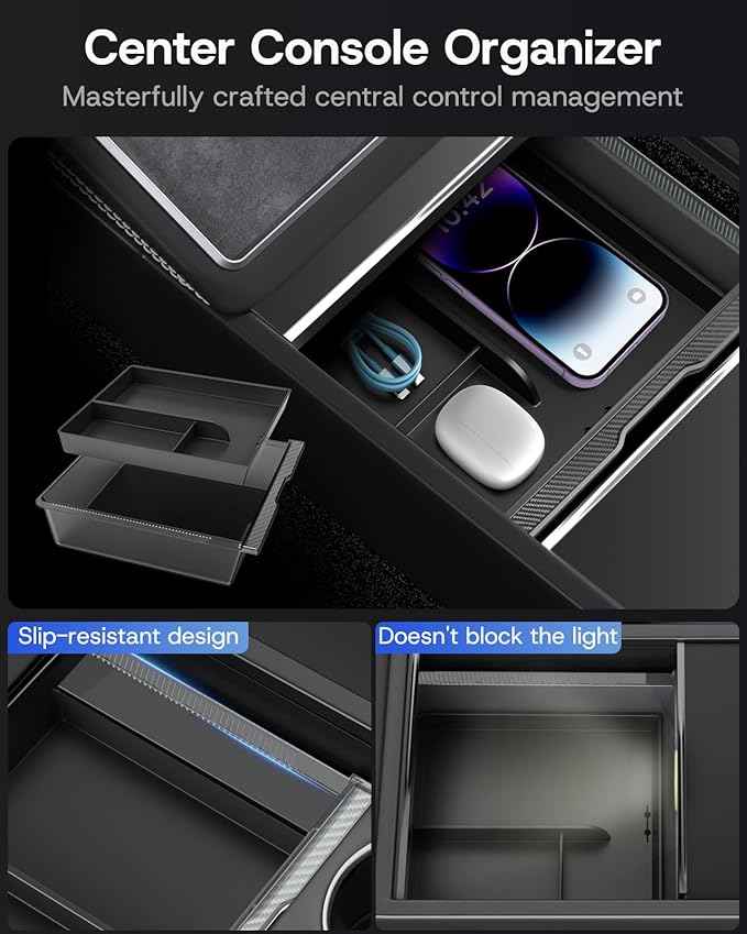 Center Console Organizer Tray for Tesla Model Y Juniper Accessories 2025 2026 [Premium PC + Silent Silicone Liner] Armrest Bottom Liners Wireless Charging Pad Cup Holder for Tesla Model Y Accessories