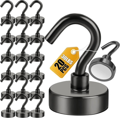 DIYMAG Magnetic Hooks for Refrigerator, Extra Strong Cruise Hook, Heavy Duty Earth Magnets with Hook for Hanging, Magnetic Hanger for Cabins, Grill (20P-Black)