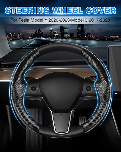 Shademax for Tesla Steering Wheel Cover Tesla Model Y/3 2017-2025 2026 (Fit Model Y Juniper 2026/ Model 3 Highland) Carbon Fiber Steering Wheel Cover Protector Anti-Slip Model Y/3 Accessories (Black)