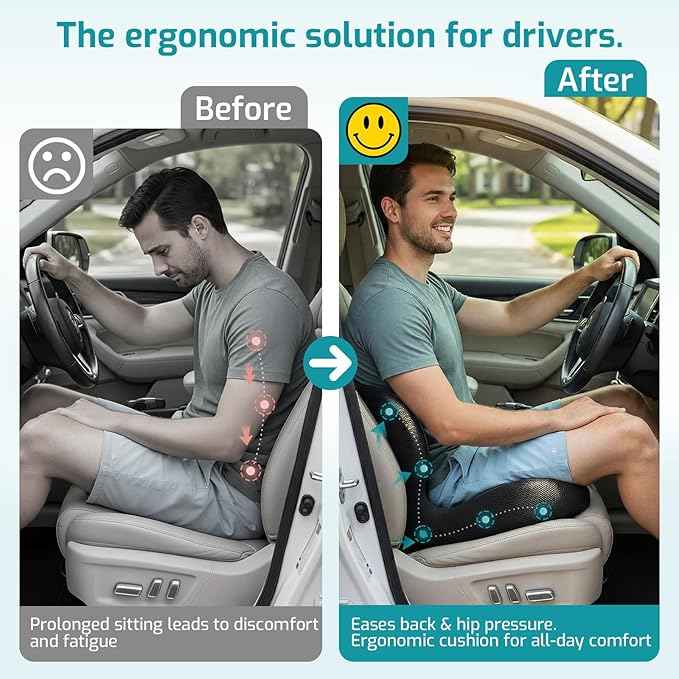 Trucker Seat Cushion, Car Seat Cushions with Lumbar Support Pillow, Ergonomic L-Shaped Orthopedic Memory Foam Pad for Long Driving Back Pain Sciatica Relief, Drivers Office Workers (Black+LGrey)