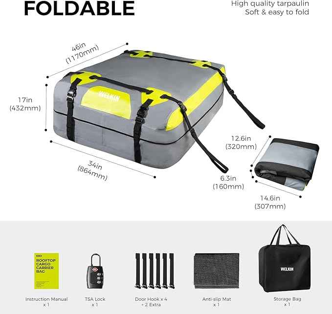 WELKIN Heavy Duty Rooftop Cargo Carrier Bag - 15 Cubic Waterproof Car Roof Bag for All Vehicles with/Without Rack - Includes Anti-Slip Mat, 6 Door Hooks, TSA Lock & Storage Bag - Reinforced Straps