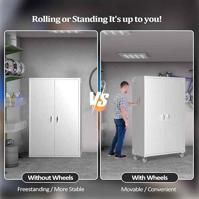 VINGLI Upgraded Wide & Deep Garage Storage Cabinet, Metal Storage Cabinet with Pegboards, Wheels, Locking Doors and Adjustable Shelves (Gray, 43''W x 20''D x 72''H)
