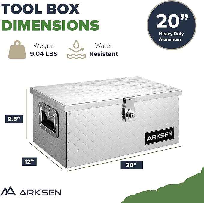 ARKSEN 20 x 12 x 10 Inch Diamond Plate Truck Bed Tool Box, Heavy Duty Waterproof Aluminum Storage Chest with Side Handle & Lock for Pickup Truck Bed, RV & Trailer, Silver