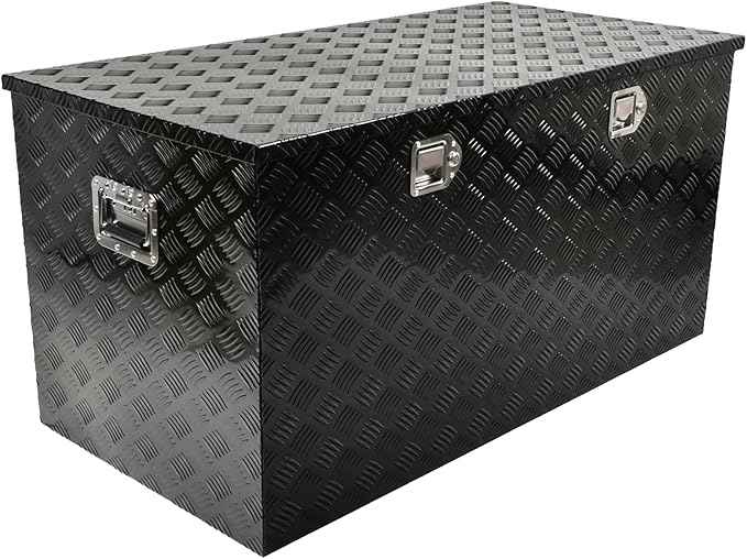 48 Inch Black Aluminum Tool Box 5 Bar Tread Chest Box Flatbox for Truck Car Outdoor Trailer Pickup Underbody RV ATV Storage Bed ToolBox w/Lock and Keys, Side Handle (48"x24"x24")