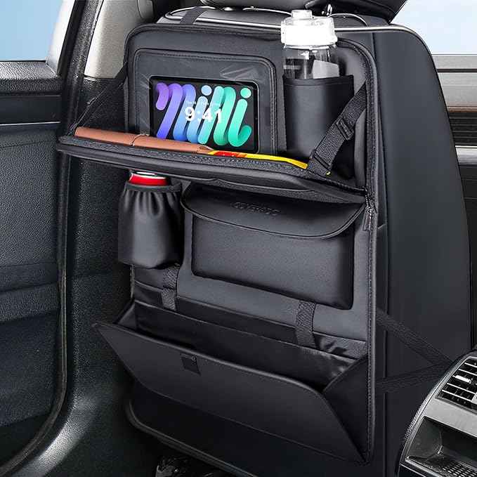 Coverado Backseat Car Organizer, Nappa Leather Car Seat Organizer with Touch Screen Tablet Holder, Foldable Food Tray, Kick Mats Protector, Multi Car Storage Accessories, Garbage Bag Holder-1 Pack