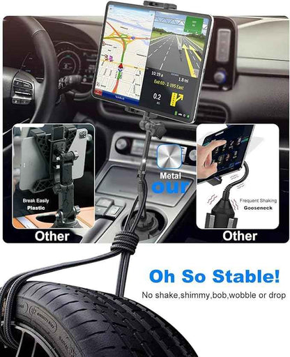 Heavy Duty Cup Holder Tablet Mount wiht Adjustment Metal Arm, iPad Cup Holder Mount for Suvs, Trucks, Compatible with iPad Pro Air Mini, iPhone, Galaxy Z Fold, 4-13" Devices