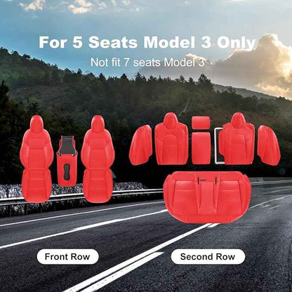 Tesla Model 3 Car Seat Covers Nappa Leather Car Interior Seat Airbag Compatible Cushion Cover Full Set Custom Fit 2023 2022 2021 2020 2019 2018, Nappa Bright Red