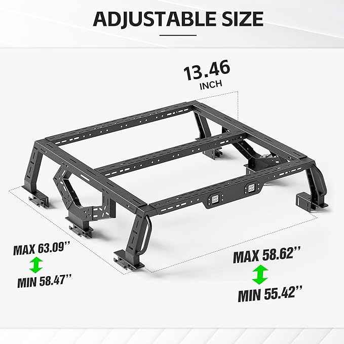 16.73" Bed Racks Truck Cargo Carrier with 2 LED Lights Compatible with Tacoma/Gladiator JT/Frontier/Colorado Extended Cab/Canyon/Ranger, Luggage Storage Bed Cross Bars