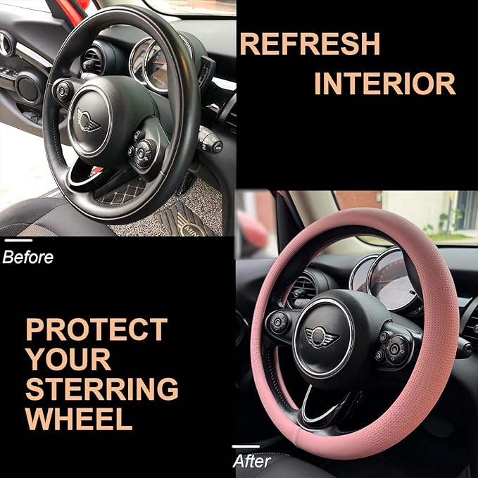PINCTROT Nappa Leather Steering Wheel Cover, Slim Fit No Bulk Design, One Piece Leather with Breathable Perforation, Fit Like Gloves, Universal 14.5-15 Inch(Nappa Pink)
