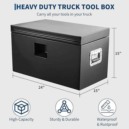 PeakPursuit Heavy Duty Black Steel Truck Bed Toolbox – Industrial Tongue Storage Chest, Gas-Shock Lid, T-Handle Lock, Waterproof Rubber Seal, Secure Tool Organizer for Pickup, RV, Trailer