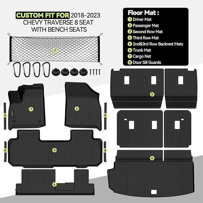 Tongama-Floor Mats for 2018-2023 Chevy Traverse 8 Seat with Bench Seats, All Weather TPE Trunk Mat & 2nd/3rd Row Backrest Mats & Cargo Net & Door Sill Guards for Traverse Floor Liner Accessories