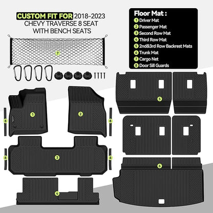 Tongama-Floor Mats for 2018-2023 Chevy Traverse 8 Seat with Bench Seats, All Weather TPE Trunk Mat & 2nd/3rd Row Backrest Mats & Cargo Net & Door Sill Guards for Traverse Floor Liner Accessories
