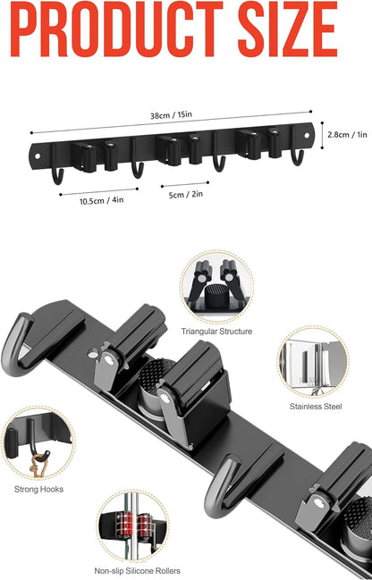 2 Pack Mop and Broom Holder Wall Mount, Upgraded Broom Hanger Wall Mount, Stainless Steel Broom Organizer for Closet Garage Laundry Room Kitchen Wall Decor Black 3R4H