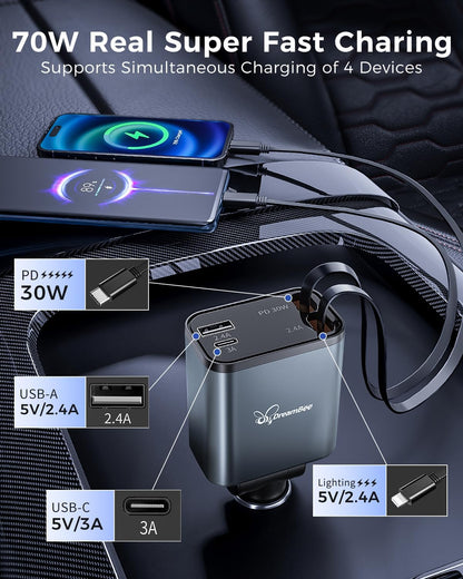 Retractable 70W USB Car Charger Adapter, 4 in 1 Fast Phone Charger, 2 Retractable Cords, USB C, Compatible with iPhone 16/15/15 Pro Max/14/13/12/11, Samsung