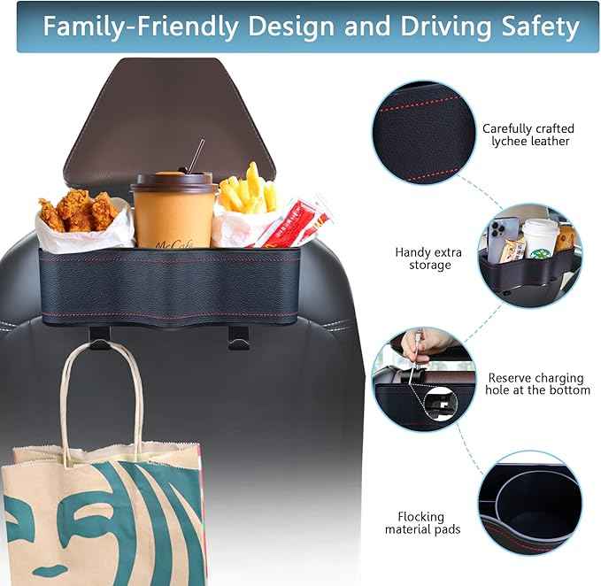 Backseat Car Organizer with Cup Holder, Premium Leather Backseat Car Organizer for Snacks, Canned Drinks, and Phone with Two Seat Hooks, Perfect for Travel - 2-Pack