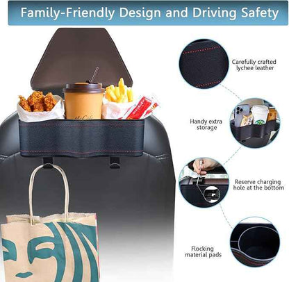 Backseat Car Organizer with Cup Holder, Premium Leather Backseat Car Organizer for Snacks, Canned Drinks, and Phone with Two Seat Hooks, Perfect for Travel - 2-Pack