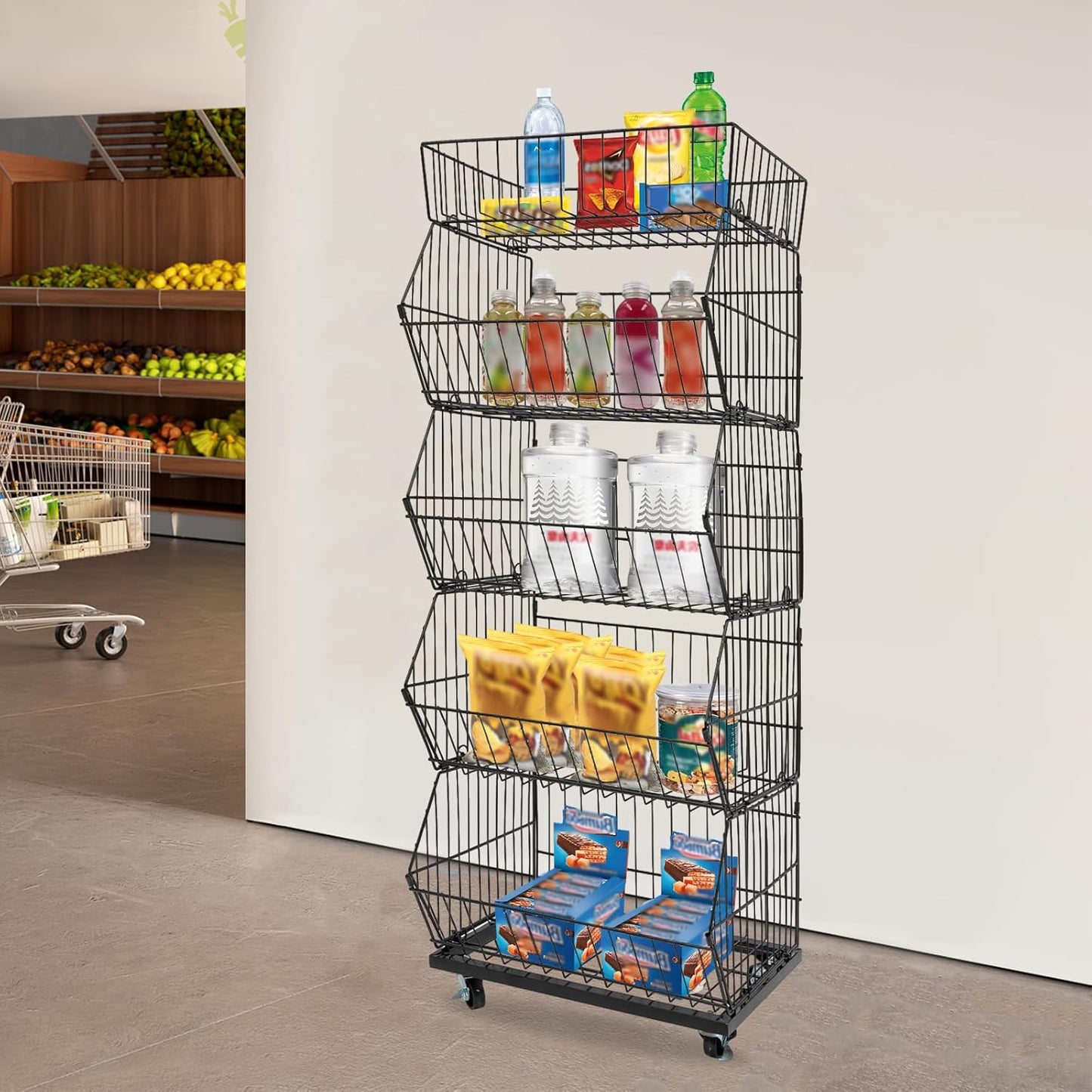 Retail Display Rack 5-Tier Market Merchandise Display Shelf Fruit Storage Shelf Vegetable Snack Basket Retail Store Supplies with Wheels for Home Store Market (18" D X 19" W X 55" H- Black)