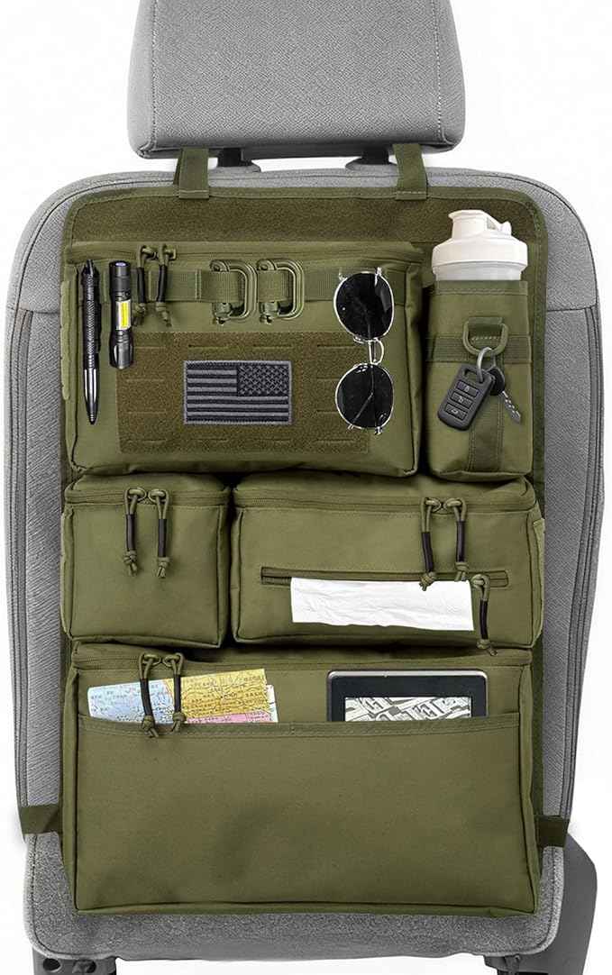 Tactical Seat Back Organizer Heavy Duty MOLLE Panel Organizer with Multiple Pockets & Hook Loop Panel for Road Trip Essentials, Universal Fit for Car SUV Truck Jeep (Army Green)
