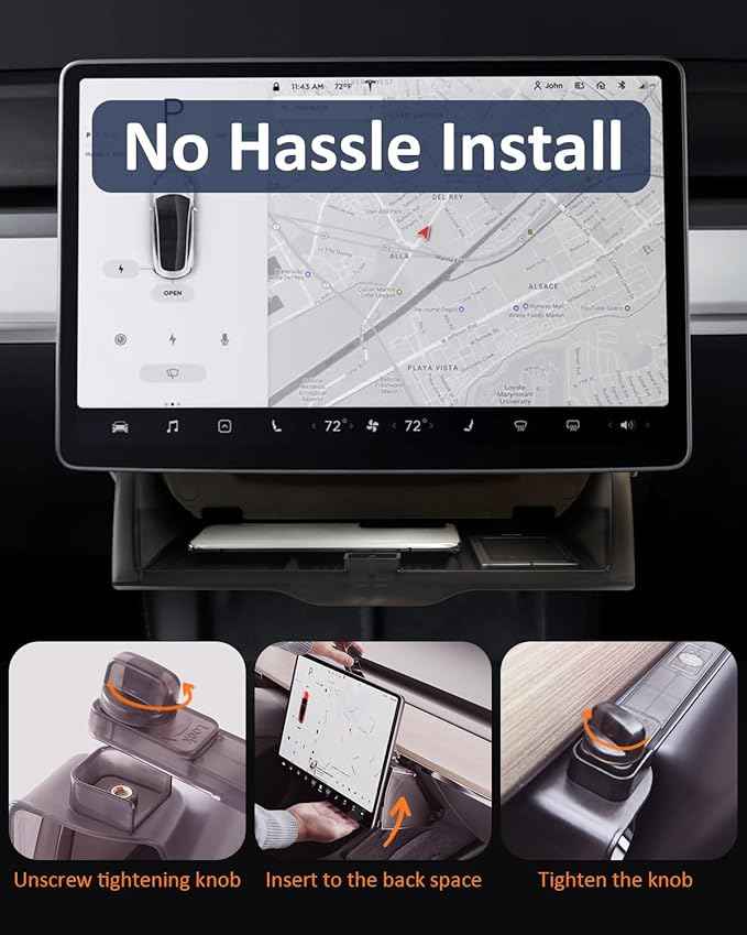 Hidden Under Screen Storage for Tesla Model Y 2020-2026 Juniper Interior Accessories, Model 3 Highland Center Console Organizer with Push-Latch & Dampers, Smooth Opening, Rattle-Free, 2 Black Mats
