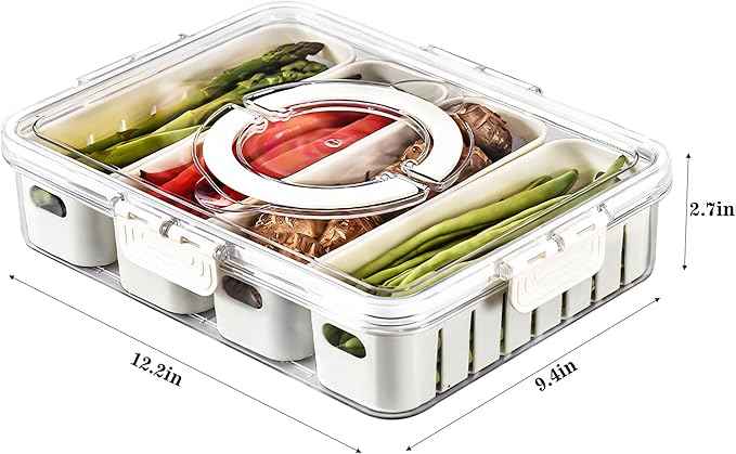 Eanpet Divided Veggie Tray with Lid and Handle 4 Compartment Serving Tray Portable Travel Snack Storage Containers Stackable Snackle Box Charcuterie Container for Fruit,Vegetable,Salad