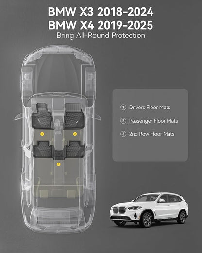 3W Floor Mats & Detachable Carpet Fit for 2018-2024 BMW X3 Floor Mats & 2019-2025 X4,Floor Liner for X3 30i M40i 30e M, X4 M M40i xDrive30i, Full Set Car Mats, Double Layer TPE All-Weather Accessories