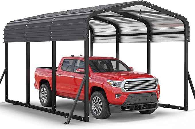 10x15FT Metal Carport, Heavy Duty Car Garage w/Reinforced Support Rods and Windproof Ground Anchors, All-Weather Multi-Use Outdoor Shelter for Car, Boats and Truck